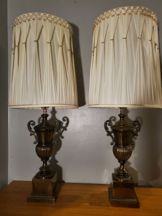 Pair Vintage Brass Table Lamps Hollywood Regency Mid Century 50s Retro 2