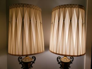 Pair Vintage Brass Table Lamps Hollywood Regency Mid Century 50s Retro 3