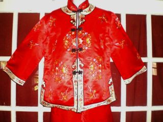 Antique Chinese Red Silk Jacket/robe Pants Outfit Embroidered Floral Roundels