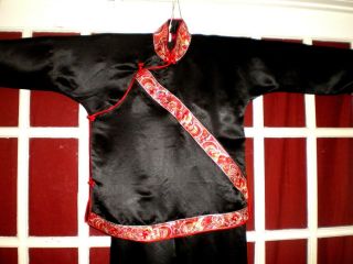 Old Chinese Black Silk Embroidered Red Phoenix Trim Outfit Jacket/robe Pants