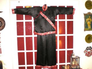 Old Chinese Black Silk Embroidered Red Phoenix Trim Outfit Jacket/Robe Pants 2