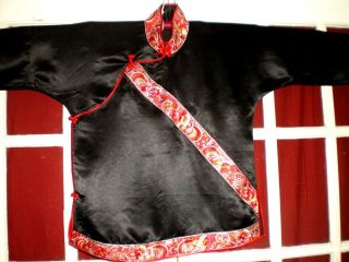 Old Chinese Black Silk Embroidered Red Phoenix Trim Outfit Jacket/Robe Pants 5