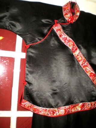 Old Chinese Black Silk Embroidered Red Phoenix Trim Outfit Jacket/Robe Pants 6