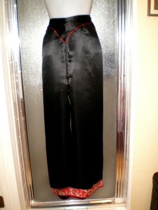 Old Chinese Black Silk Embroidered Red Phoenix Trim Outfit Jacket/Robe Pants 7