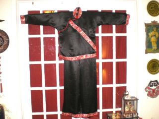 Old Chinese Black Silk Embroidered Red Phoenix Trim Outfit Jacket/Robe Pants 8