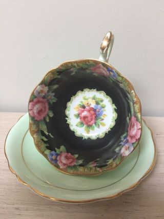 Vintage Rare Paragon Cup & Saucer Green And Black Tapestry Rose