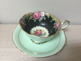 Vintage Rare Paragon Cup & Saucer Green and Black Tapestry Rose 3