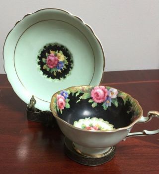 Vintage Rare Paragon Cup & Saucer Green and Black Tapestry Rose 4