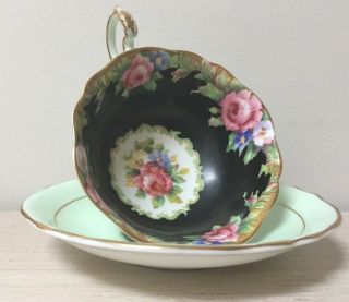 Vintage Rare Paragon Cup & Saucer Green and Black Tapestry Rose 5