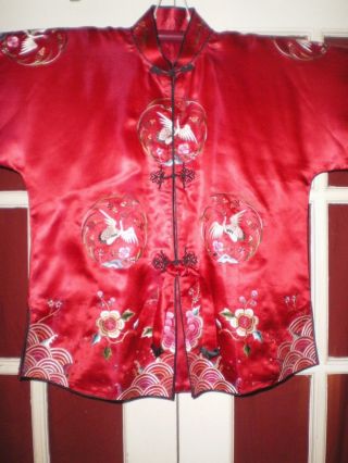 Old Chinese Silk Jacket/robe Embroidered Crane Roundels Peonies Water/splashes
