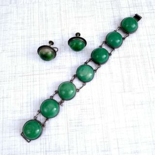 Vintage Mexican Silver Green Stone Link Bracelet Earrings Set