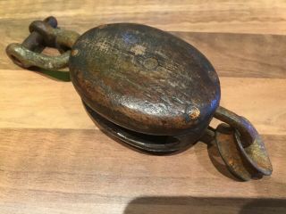 Vintage Ships Wooden Single Pulley Block With Eyes Maritime Marine Nautical Boat