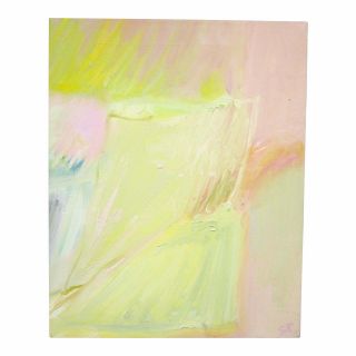 1970s Vintage Suzanne Peters Yellow And Pink Abstract Oil On Canvas Painting