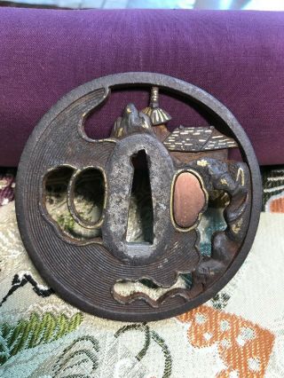 Antique Sukashi Iron Tsuba With Mountain Village And Clouds