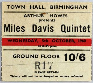 Miles Davis Quintet - Mega Rare Vintage Birmingham 1960 Concert Ticket