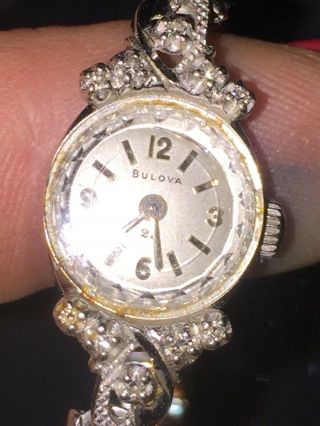 Vintage 14k White Gold Bulova 23 Ladies Wind Mechanical Diamond Watch