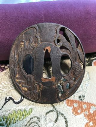 Antique Sukashi Iron Tsuba With Gold Highlights,  Temples And Plants