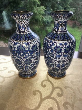 Rare Shape Blue White Pair 10.  5 " Antique Chinese Vases Enamel Brass Cloisonne