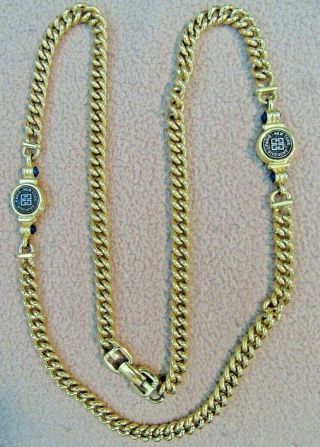 Vintage Givenchy Gold Tone Double Sided Logo Stations & Blue Cabs 30 " Necklace