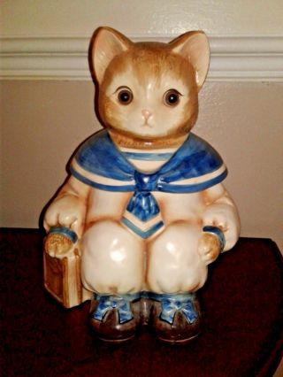 Cookie Jar Cat Sailor Ceramic Glass Eyes 11 " Japan Vintage 1970 