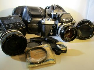 Nikon F2 Vintage 35mm Slr Camera 28mm 50mm 200mm Lenses Filters Caps Cases Flash
