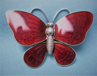 Volmer Bahner Sterling Silver Red Guilloche Enamel Butterfly Brooch