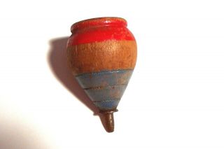 Antique Wooden Spinning Top Toy Blue Red Paint 2¼”x1½” Wood A294