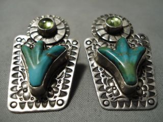 Huge Detailed Vintage Navajo Turquoise Sterling Silver Cactus Earrings