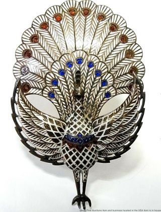 Antique Signed Sena Sterling Silver Gilt Enamel Pin Large Persian Peacock Deco