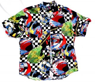 Vtg Jams World Rayon Hawaiian Shirt Xl Race Car Checkered Flag Helmets Racing