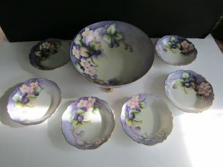 Vtg Limoges P & P Hand Painted Floral Footed Bowl & 6 Small Bowls France