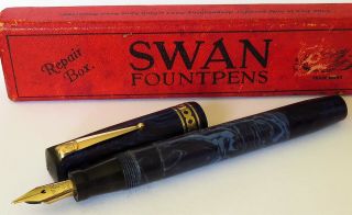 Vintage Mabie Todd Swan Visofil V Fountain Pen In Rare Blue Marble Pattern