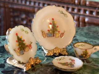 Jo Parker Miniature Dollhouse Christmas Dinner Dessert Plate Saucer Cup 4pc 5
