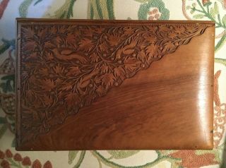 Vintage Walnut Wood Jewelry Box - Hand - Carved Bird Design -