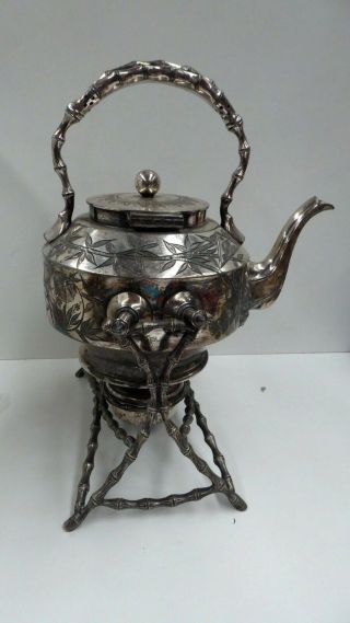 Antique Silver Plate Walker Hall Spirit Teapot Bamboo Decorated Burner Stand Pot