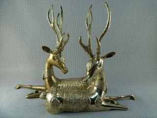 Vintage Solid Brass Reindeer / Reclining Stags Ornately Decorated