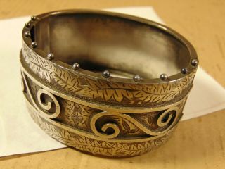 1 - 3/8 " Wide Victorian Etched Aesthetic Movement Sterling Silver Hinged Bracelet