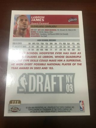 LeBRON JAMES 2003 - 04 Topps Chrome Basketball Draft Pick 1 Rookie Card 111 RARE 2
