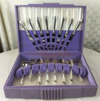 Oneida Berkeley Square Community Silver Plate Flatware Set Of 8 Purple Wood Box