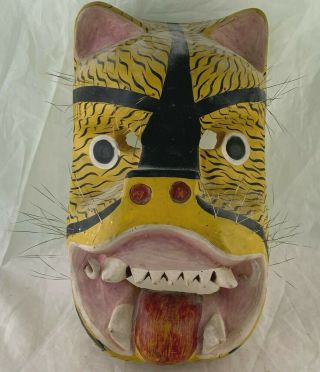 Vintage Mexican Folk Art Wooden Mask Cat,  Tiger Or Lion Hand Painted