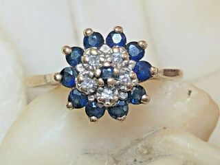 Antique 10k Gold Blue Sapphire & Diamond Ring Flower Gemstone Signed Truglow