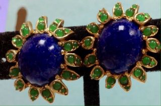 Vintage Ciner Moghul Clip Earrings Faux Lapis & Emeralds