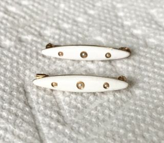 Magnificent Antique Victorian 2 Gold Pins White Enamel Pearls 14k