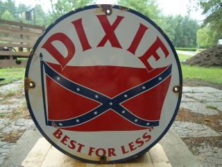 Vintage Dixie Gasoline Oil Porcelain Gas Pump Sign Advertising " Best For Less "