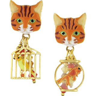 Lunch At The Ritz Cat And Bird Swarovski Crystal Enamel Clip Earrings (goldtone)