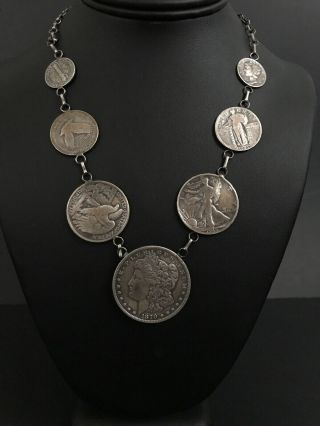Vintage Old Pawn Native American Sterling Silver Coin Necklace.  19 Inch 2