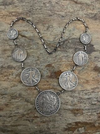 Vintage Old Pawn Native American Sterling Silver Coin Necklace.  19 Inch 3