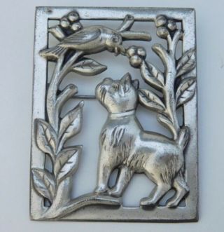Rare Norseland By Coro Sterling Brooch Pin Scottie Dog Chasing Bird In A Tree
