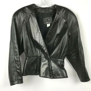 Tannery West Black Leather Jacket S Vintage Peplum Snap Close Shoulder Pads Euc