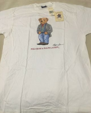 Vtg.  90’s Ralph Lauren Polo Teddy Bear Tee Shirt,  White,  Men’s Size M Rare